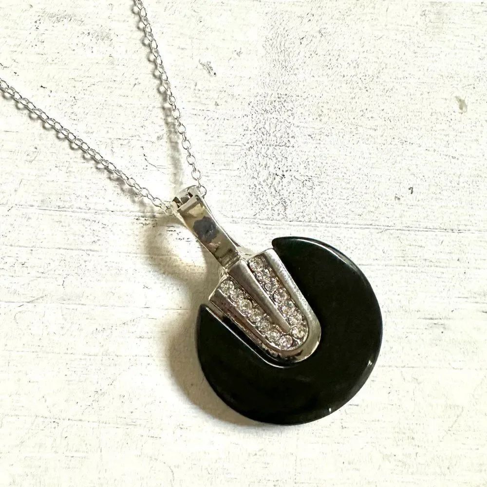 Black silver tone rhinestone pendant necklace